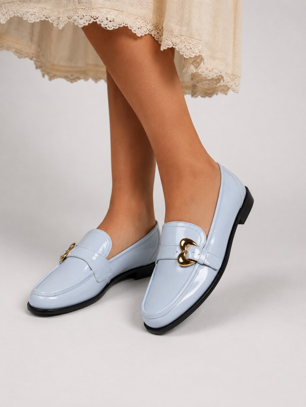 Anthropologie Maeve Light Blue Heart Buckle Loafers Wmn Sz US 7 EU 38 Gold Heart